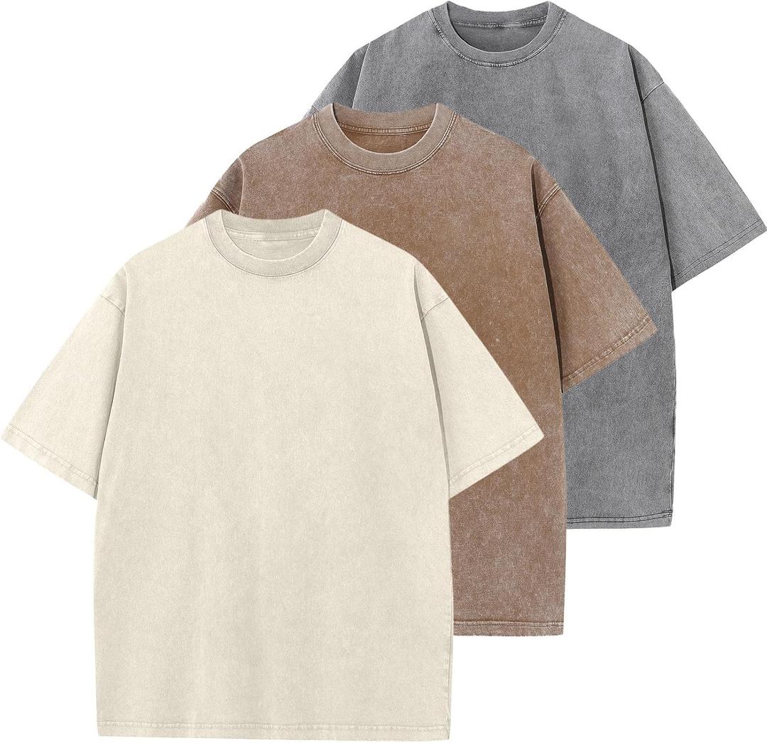 Men's Cotton T-Shirts Oversized Unisex Short Sleeves Casual Loose Wash Solid Basic Tee Tops (XX-Large, Beige+coffee+grey)
