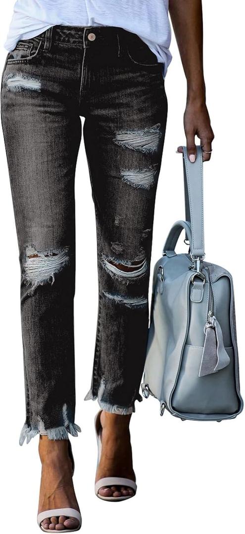 Sidefeel Women's Ripped Jeans Straight Leg Distressed Boyfriend Denim Pants (6)