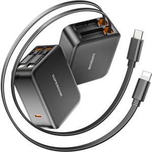 SUPERONE 62W Retractable Wall Charger with Dual Cables, 3-Port USB Charger Block, 35W iPhone Chargers Fast Charging for iPhone 17/16/15/14/13/12/11 Series, Pad, Tablet, LG, Samsung and More (Type-C & Apple Cables - Black)