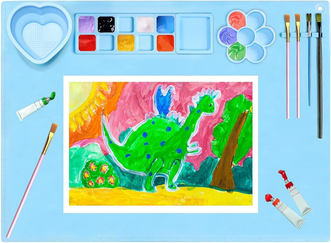Silicone Painting Mat, 20"X16" Large Silicone Art Mat with Cup, Easy Clean Up, Protects Surfaces Perfectly for Paint, Color, Play with Clay/Play Dough (Blue)