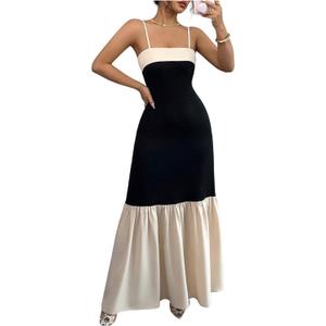 SOLY HUX Women's Color Block Ruffle Hem Maxi Dress Spaghetti Strap Elegant Long Cami Dresses (Medium, Black and Beige)