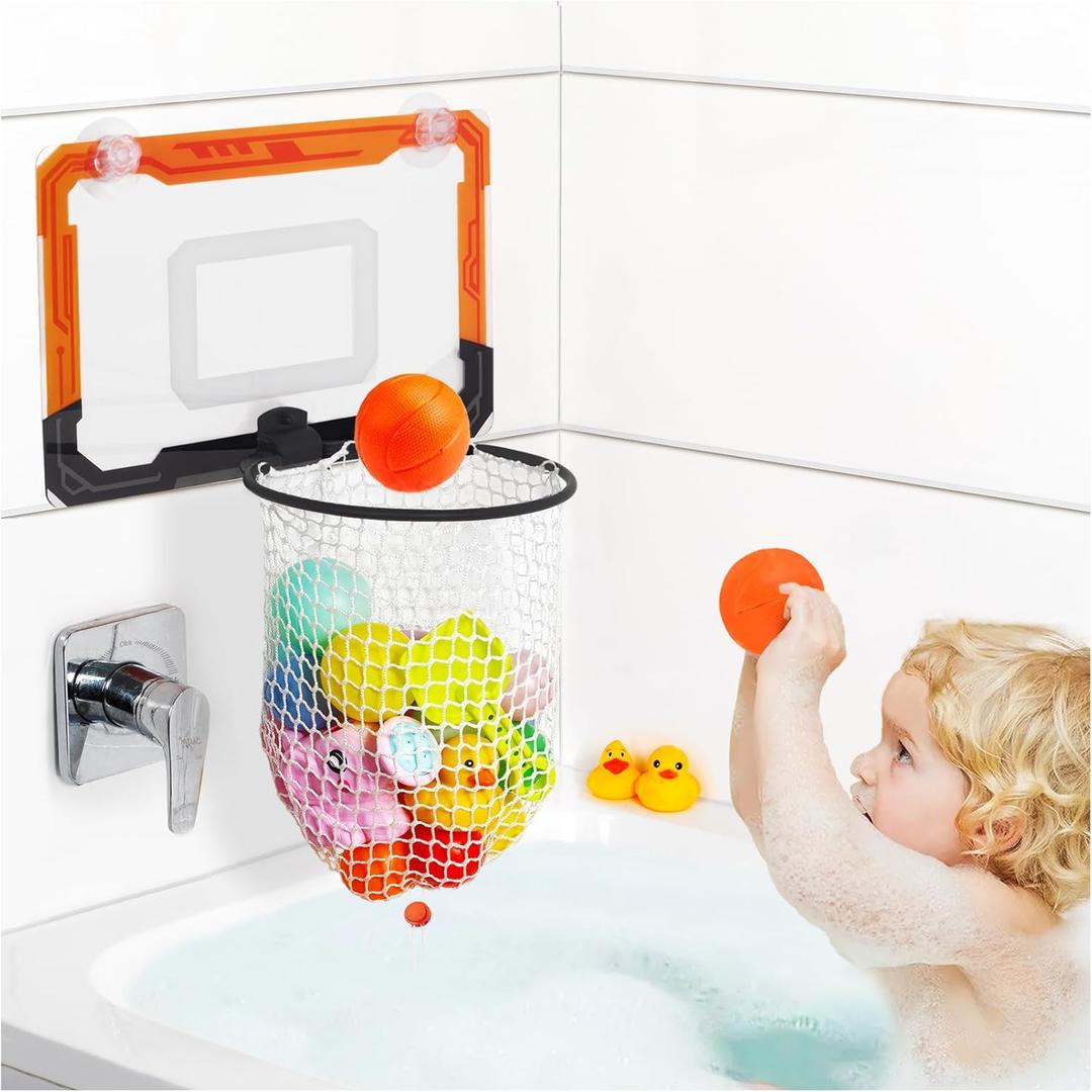 Baby Bath Toy Storage Organizer, Large Opening Mesh Bathtub Toy Storage for Tub, Bath Toy Holder for Quick Release of Toys for Bathroom, Basketball Hoop Design with Fun Bonus