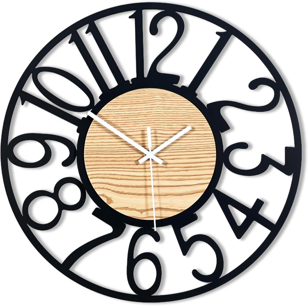 16inch/40cm Wall Clock for Living Room Vintage Silent Classroom Battery Clocks for Bathroom Bedroom Office Cafe Decoration (Wooden Arabic Numerals, 16 inches)