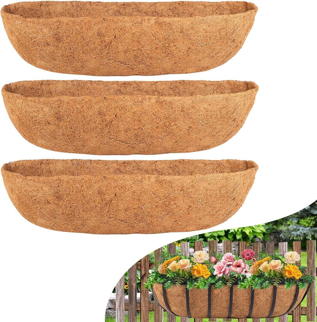 Coco Liners for Planters 30 Inch - 3 Pack Hanging Basket Liners, Trough Coco Planter Liners, 100% Natural Coconut Fiber for Window Boxes, Fence Railing Planter Flower Baskets