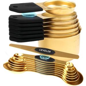 16-Piece Stainless Steel Measuring Cups and Spoons Set, Strong Magnetic Nesting Design 7 Cups 8 Spoons with Leveler, Double Measurement Markings for Dry & Liquid Ingredients, Gold
