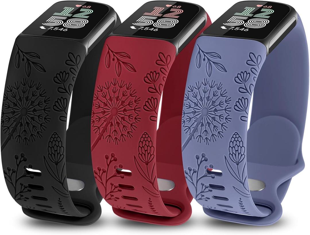 Minyee 3 Packs Floral Engraved Band Compatible with Fitbit Charge 6 Bands/Fitbit Charge 5 Bands Women, Cute Soft Silicone Dandelion Flower Pattern Sport Designer Fancy Summer Strap for Charge 6/5 (Black/ Wine/ Blue)