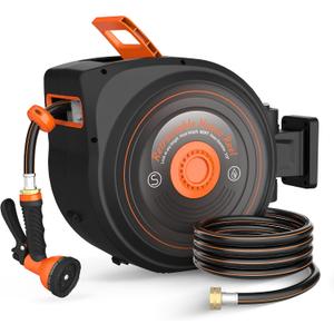 Mars Villa Retractable Garden Water Hose Reel for Outside, 1/2 IN x 65 FT | Auto-Rewind & Any Length Lock, 180° Swivel Bracket, Wall Mounted, Slow Return, 10 Spray Patterns, UV-Resistant
