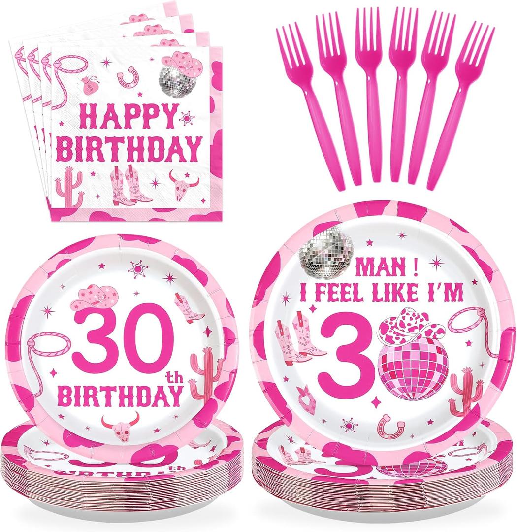 96Pcs Western 30th Birthday Decorations Man I Feel Like I'm 30 Plates and Napkins Disco Cowgirl Birthday Decoration for Women Thirty Years Old Nashville Western Wild West Theme Party Supplies Serve 24