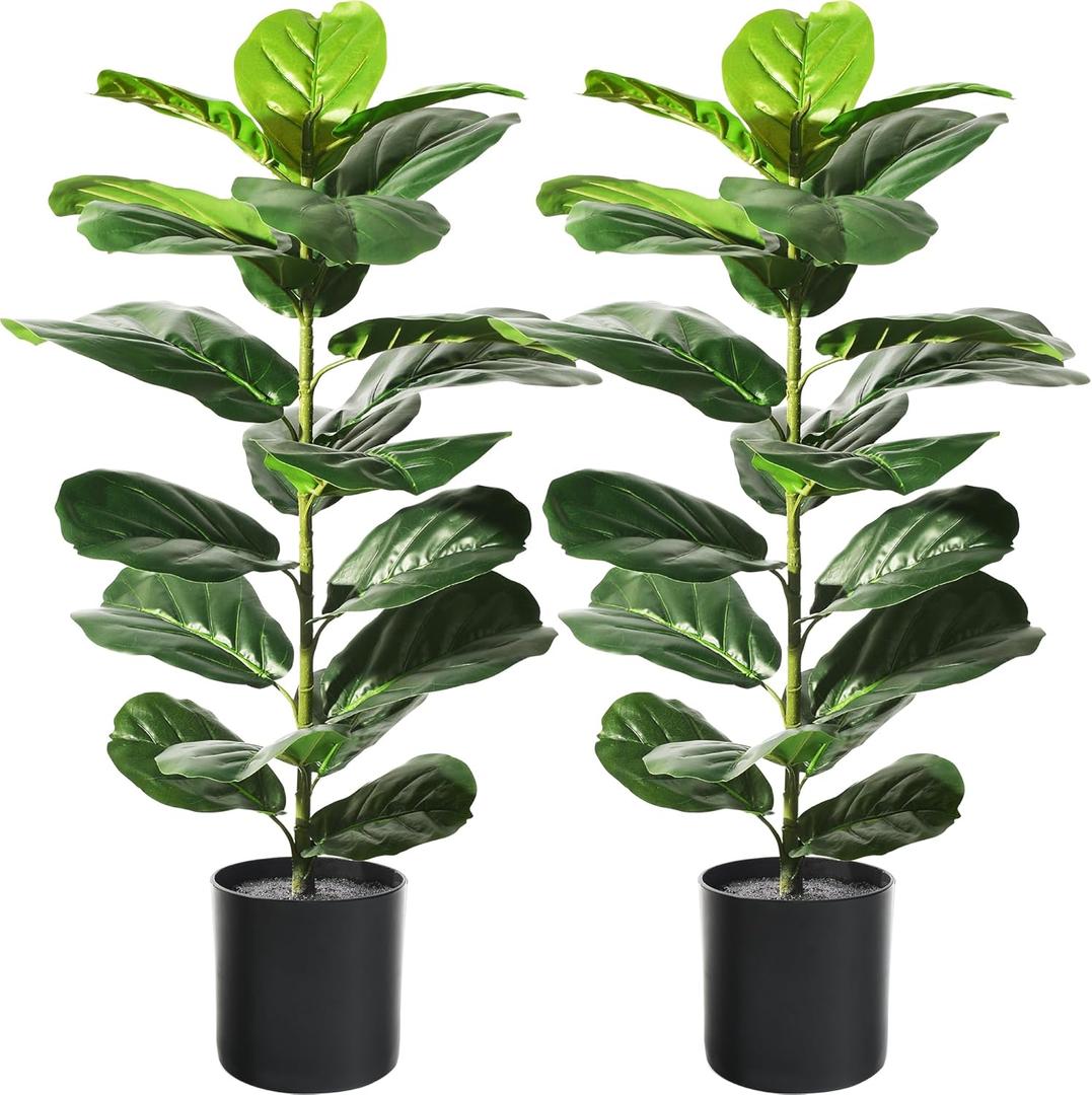 Suntee 2 Pack Artificial Fiddle Leaf Fig Tree, 30" Ficus Lyrata Fake Plants with Pots, Floor Plant Outdoor Faux Plants for Living Room, Corner, Office, Patio, Windowsill Decor (White and Black Fabric Covers)