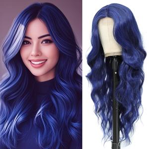 Blue Mixed Black Wigs for Women Long Wavy Blue Wig Natural Middle Part Synthetic Curly Hair Heat Resistant Fiber Hair Replacement Wigs for Daily Party (26'')