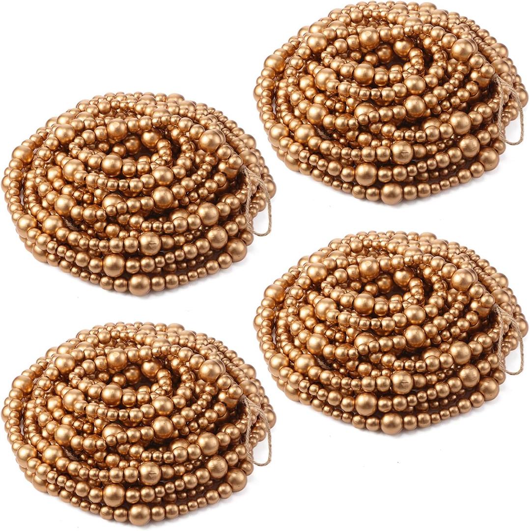 Giegxin 4 Pcs 32.8 Feet Wooden Bead Garland Rustic Boho Wood Bead Garland Decor Rustic Wall Hanging Ornaments for St. Patrick's Day Holiday Spring Farmhouse Party Decoration (Gold)