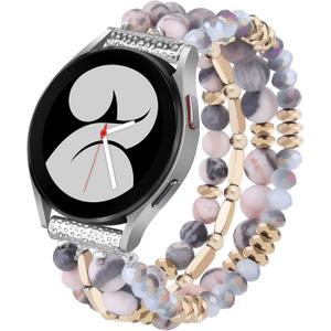 VISOOM Beaded Boho Bracelet Compatible for Samsung Galaxy Watch 7/6/5/4 40/44mm Bands/Active 2 Watch 4 Classic 42mm Band Women, 20mm Handmade Cute Elastic Crystal Beads Bracelet for Galaxy Watch 5 pro (Pink Zbera)