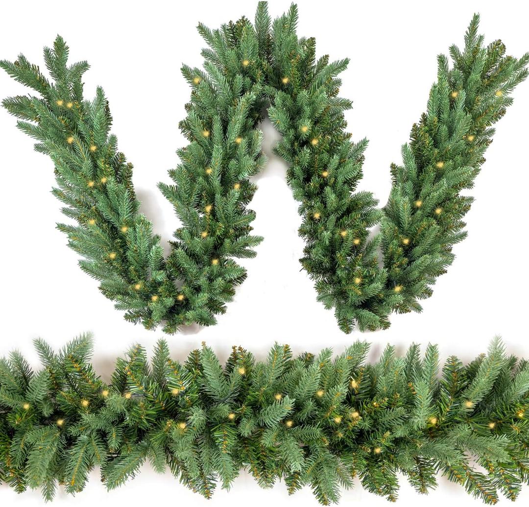 Christmas Garland 9 Ft by 12 Inch Prelit Fraser Fir Xmas Garland with 50 LED Lights 550 Tips, Real Like Lush and Classics Green Style for Indoor Outdoor Home Decoration, Classic_battery