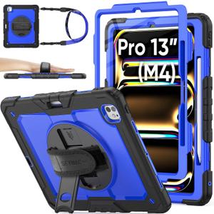 SEYMAC stock for iPad Pro 13 inch Protective Case M5 2025/M4 2024, Heavy Duty Case with Screen Protector, Pencil Holder, Rotating Stand, Hand Strap, Shoulder Strap, Blue