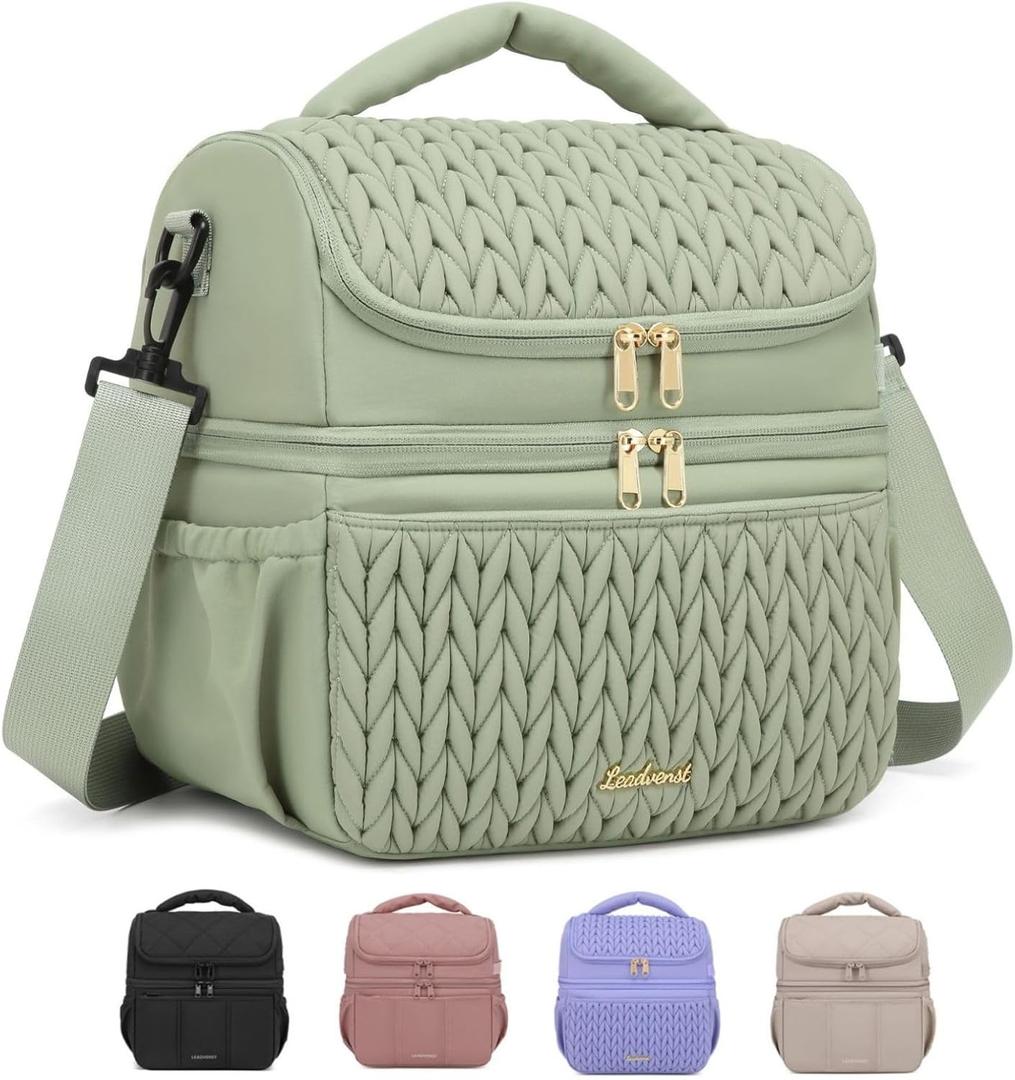 Lunch Box for Women, 12L Insulated Dual Deck & Detachable Divider | 10-Hour Insulation, Spacious Pastel Quilted Puffer Lunch Bag, Dry/Wet Layers, Work School Trip Picnic, 6 Pockets, Lightweight, Green