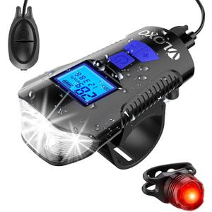 VLOXO Bike Speedometer with Bike Light Set, IPX7 Waterproof Bicycle Computer with Horn LED Front & Tail Light, USB Rechargeable (blue)