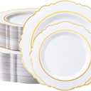 realluck 100PCS White and Gold Plastic Plates, Elegant Baroque Gold Rim Disposable Plates - 50 Dinner & 50 Dessert Plates, fancy plastic plates for Wedding, Anniversary