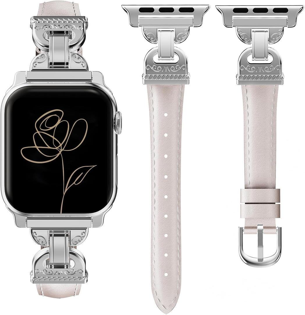 Slim Leather Band Compatible with Apple Watch Bands Women 38/40/41/42mm Dressy Thin Leather Strap with Designer Interlock Buckle for iWatch Series 10/9/SE/8/7/6/5/4/3/2/1, Starlight+Silver