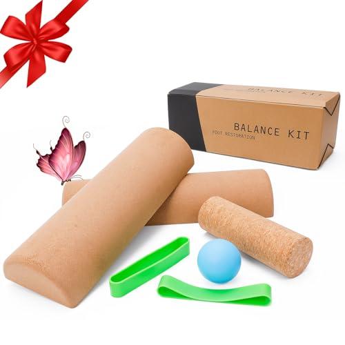 Balance Board for Foot Function & Ankle Strength - Natural Cork Balance Trainer with Massage Ball & Resistance Bands, Improve Stability, Mobility & Fall Prevention for Home/Office/Travel Workouts