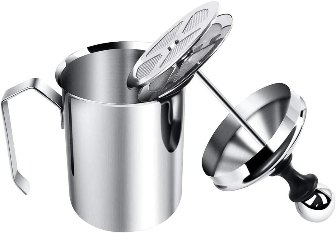 Sindh Stainless Steel Manual Milk Frother, Hand Pump Milk Foamer with Filter Screen for Cappuccino Coffee Latte Hot Chocolate, 14-Ounce Capacity (400ml)