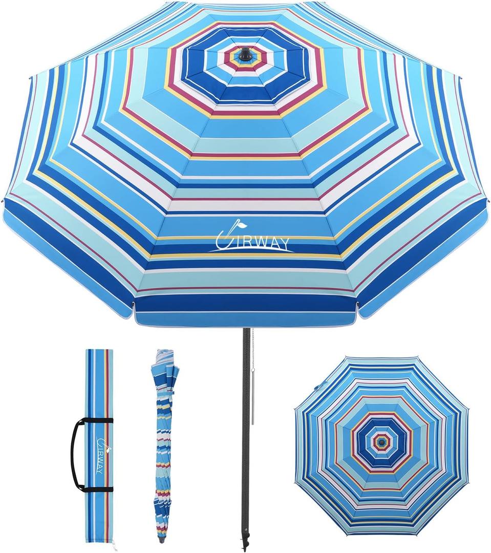 UIRWAY Beach Umbrella, Heavy Duty Windproof Beach Umbrellas with Sand Anchor & Tilt, Sun Protection Portable Beach Umbrella with Carrying Bag for Beach, Patio Garden Pool Outdoor
