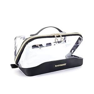 BAGSMART Makeup Bag Cosmetic Bag, Clear Travel Makeup Bag, Water-resistent Makeup Bags for Women Doram Room Essentials Portable Pouch Open Flat Make Up Organizer Bag for Toiletries, Brushes Black 