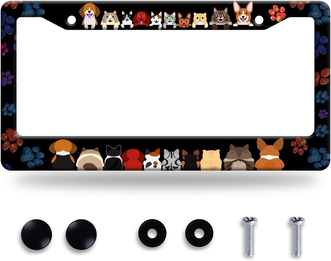 Funny Dogs License Plate Frame Colorful Dog Paws Line License Plate Frames Animal Auto Accessory Bracket Stainless Steel Personalise Dog License Plate for Men Women 6.3 x 12.3 Inch