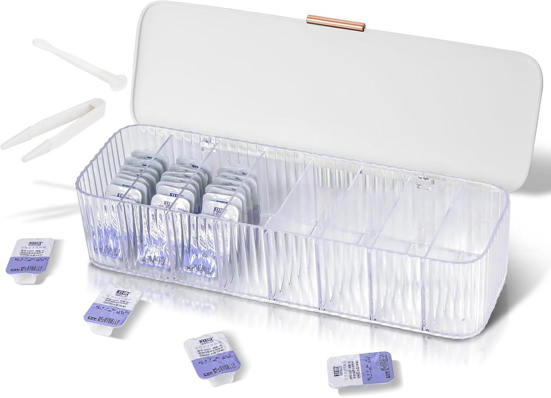 P-80 Daily Contact Lens Organizer with Remover & Tweezer, Disposable Lens Dispenser, Clear Plastic Box for All Brands (White)