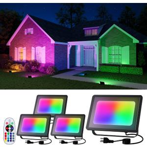 4 Pack 50W Halloween Color Change Floodlights with Remote Warm White Waterproof Led Flood Lamp 16 Multicolor Indoor and Outdoor Landscape Up Lighting for Skeleton, Bat, Witch, Tree, Garden, Wall, Yard