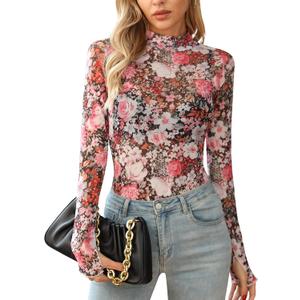 Ugerlov Womens Lace Long Sleeve Mesh Top Floral Mock Neck See Through Going Out Top with Thumb Hole Party Outfits Shirts (S)