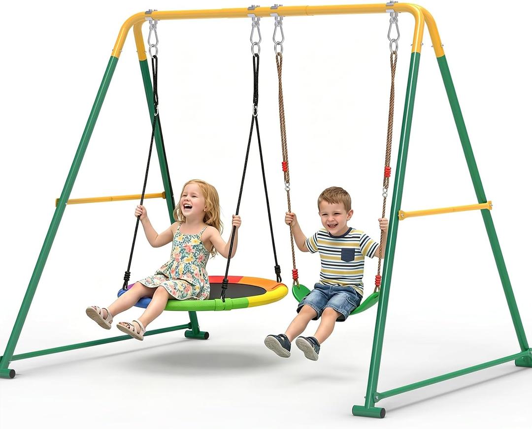 2-in-1 Swing Set for Backyard for Kids, with 1 Saucer Swing, 1 Belt Swing, 440lbs Metal Swing Set for Toddler, Heavy-Duty Swing Stand w/8 Ground Stakes, Outdoor Swingset for Kids Adults (Green)