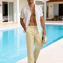 Linen Pants Men Casual Elastic Waist Drawstring Loose Straight with 4 Pockets (XL)
