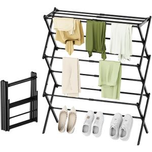 Foldable Drying Rack Clothing, 3-Tier Portable Clothes Drying Racks for Indoor & Outdoor, Anti-Rust Compact Laundry Rack Collapsible, Black 28" D x 10" W x 35" H