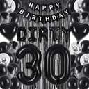 30th Birthday Decorations - Happy 30th Birthday Set with Banner, Black Foil Curtains, Dirty 30 Balloons, Black Cake Topper for Men