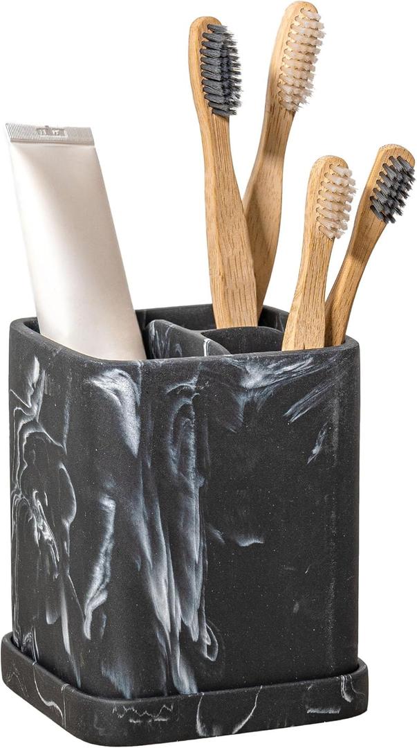 zccz Toothbrush Holder, Countertop Marble Look Electric Toothbrush Toothpaste Makeup Brush and Razor Holder Stand Bathroom Organizer with Detachable Tray (2. Black Marble)