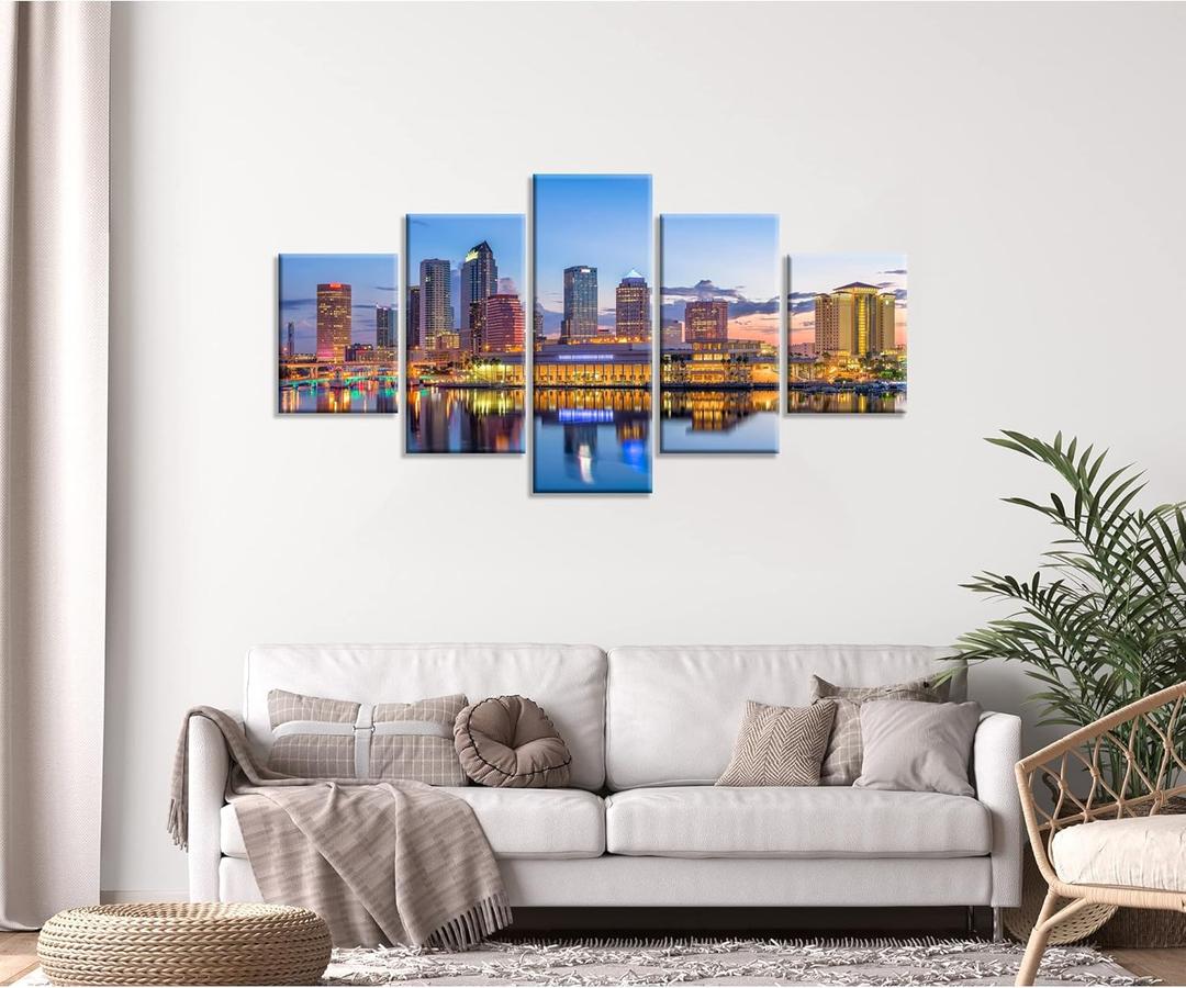 Tampa Bay Skyline Wall Art Tampa Florida Wall Decor Tampa Canvas Print Tampa Pictures Framed Night Cityscape Painting Poster Holiday Gift Home Living Room Decorations(48''Wx32''H) (60L" x 32W")