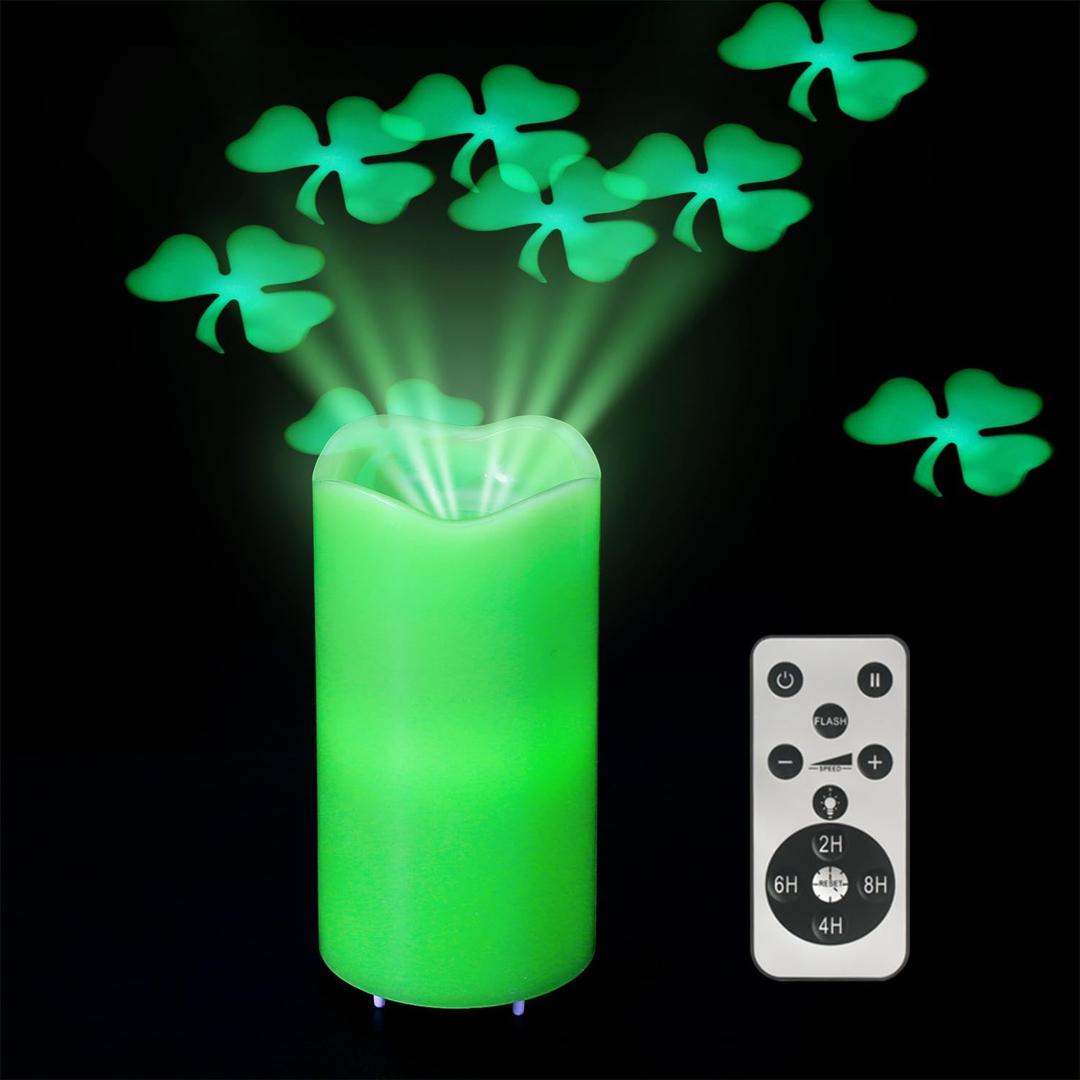 XingsLight St Patricks Day Decorations Flameless Candles with Lucky Clover Projector, Green LED Candle with Remote and Timer