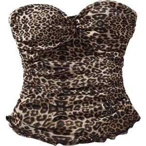 SHENHE Women's Leopard Print Mesh Tube Twist Front Strapless Ruched Sexy Y2k Tube Tops (Brown)
