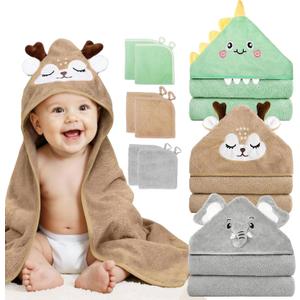 CandyHome 9 PCS Baby Bath Towels for Infants Toddlers, 3 PCS Animal Hooded Baby Towels & 6 PCS Washcloths Set, Ultra Absorbent Soft Cute Newborn Bath Essentials Gifts for Boys & Girls (Green, Gray, Brown) (31.5"L x 31.5"W)