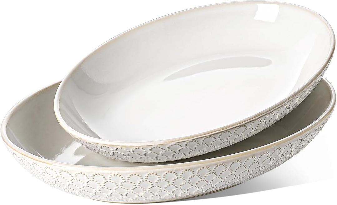LE TAUCI Serving Bowls, Large Oval Platters for Entertaining, Ceramic Serving Tray for Dinner, Pasta, Salad, Dessert, Turkey, Fish, Fruit, Bread - 45oz/74oz, 11.8"/13.7", Set of 2, Arctic White