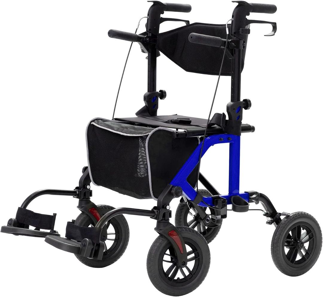 ELENKER All-Terrain 2 in 1 Rollator Walker & Transport Chair, Folding Wheelchair with 10 Non-Pneumatic Wheels for Seniors, Reversible Backrest & Detachable Footrests, Blue
