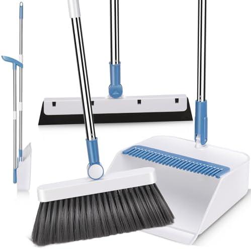 Broom and Dustpan Set,Masthome Long Handle Broom and Dustpan Set,Squeegee Broom and Brooms for Sweeping Indoor Set,Broom with Stand Up Dustpan Combo Set for Home, Office, Lobby (Blue+White)