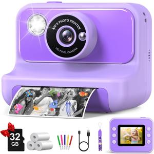 Kids Camera Instant Print, Christmas Birthday Gifts for Girls and Boys, 1080P HD Video Digital Kids Camera with 32G Card, Toddler Camera for 3-12 Years Old, Purple