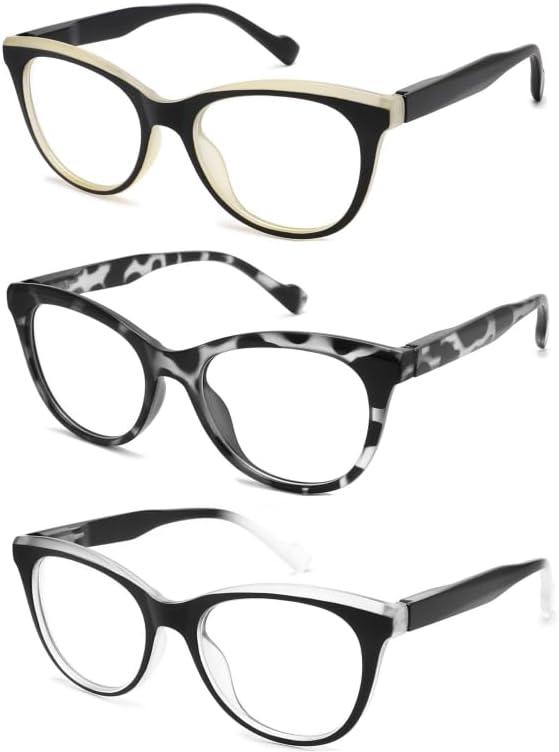 3-Pack Blue Light Blocking Reading Glasses for Women Spring Hinge, Full Frame Cat Eye Readers 3 Pack Mix Color 2.75x