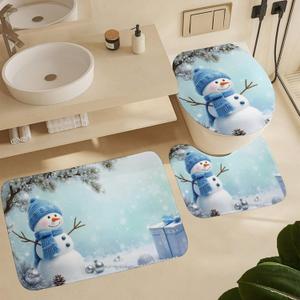 Christmas Winter Snowman Bathroom Rugs Sets 3 Piece Non-Slip Snowflakes and Pine Bath Mat Toilet Seat Cover and Rug Absorbent Bathroom Decor Set for Floor 16"x24"