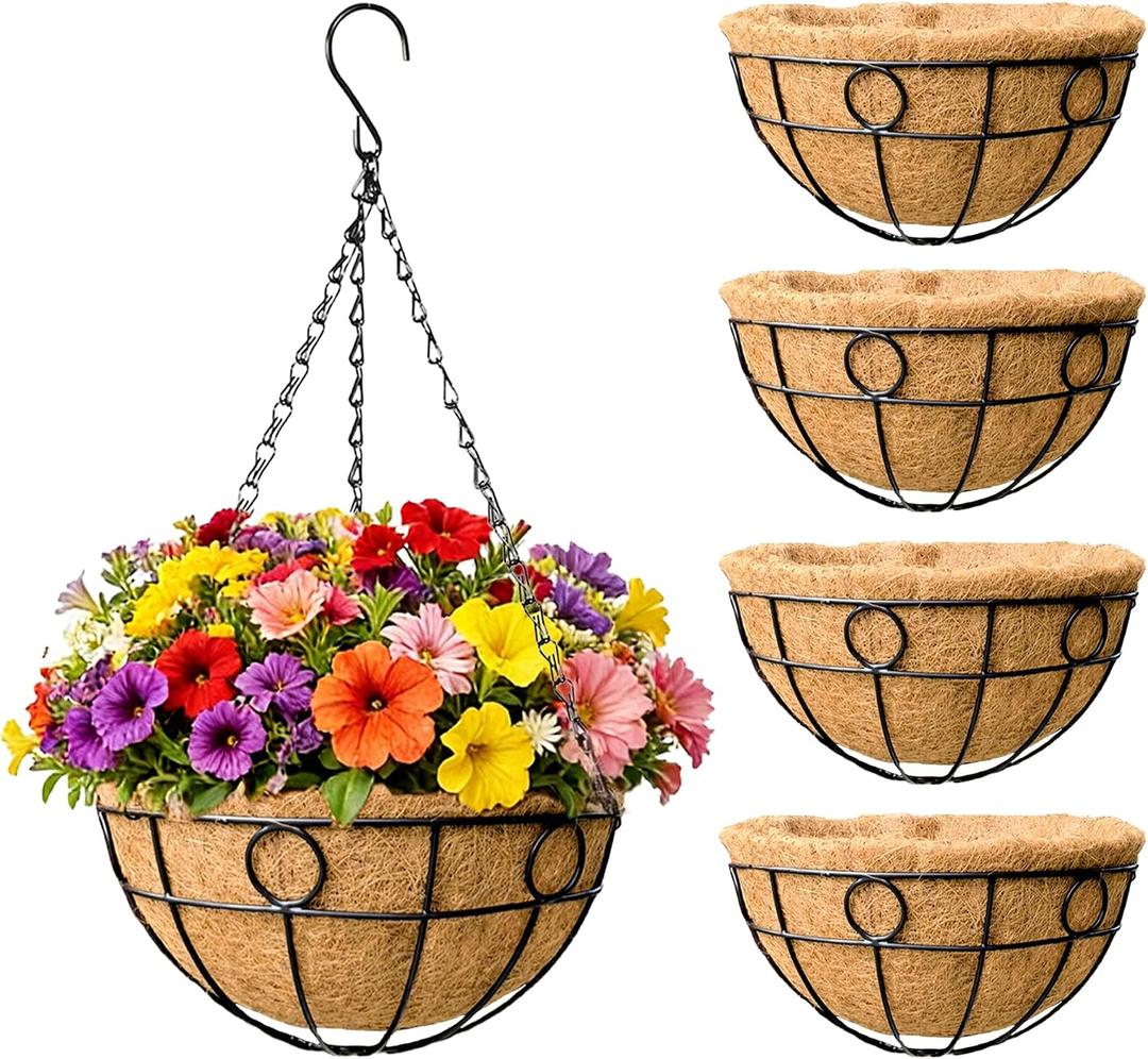 EIMQUVW Outdoor Hanging Planter(4-Pack) Black Metal Hanging Baskets with Coconut Fiber Lining 14 inch Round Chain Flower Pots for Patio Garden Greenery Decoration