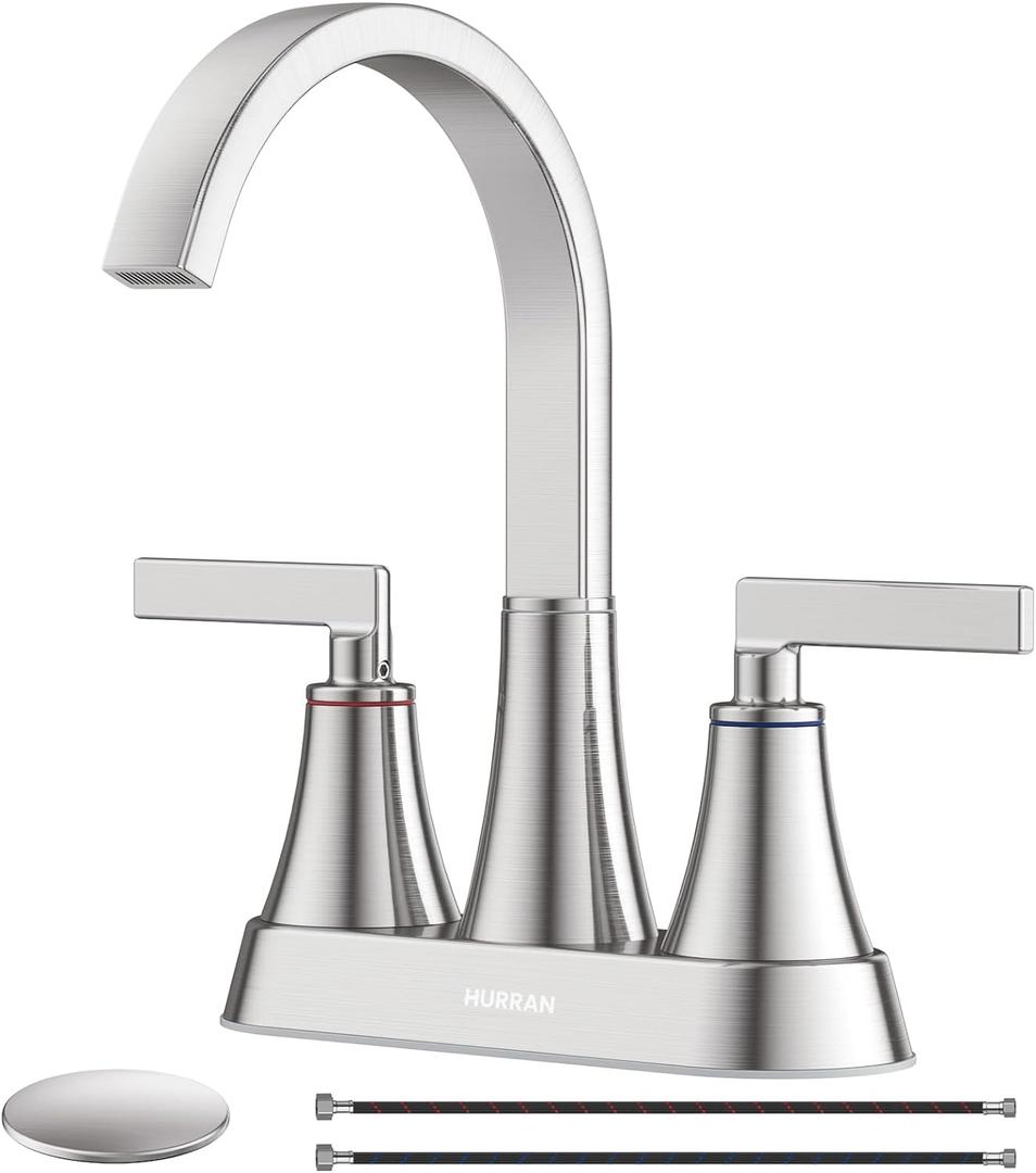 Bathroom Sink Faucet, Hurran 4 inch Brushed Nickel Bathroom Faucets for Sink 3 Hole with Pop-up Drain and Supply Lines, Stainless Steel 360 Swivel Waterfall Faucet for Vanity RV Restroom