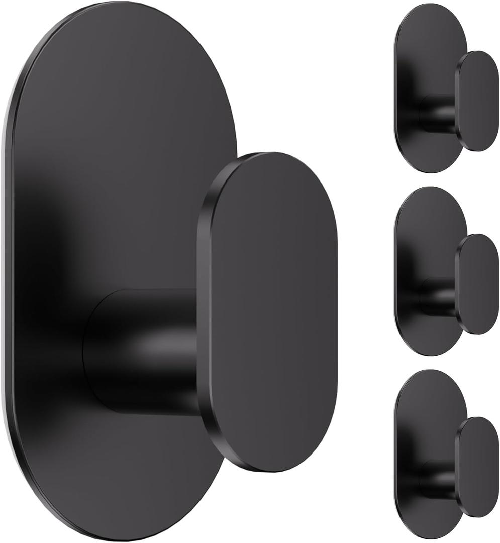 Aikzik Adhesive Towel Hooks - 4 Pack 26LB Extra Strong Heavy Duty Wall Hooks for Bathroom/Shower Door Hanging Coat, Robe, Towel, Dogs' Leads and Collars (Matte Black, Stainless Steel)