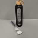 PROBTTL 32 Oz Borosilicate Glass Water Bottle with Time Marker Reminder Quotes, 1 Liter Leak Proof Reusable BPA Free Motivational Water Bottles with Silicone Sleeve and Bamboo Lid (Black)