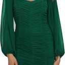 Women's Long Puff Sleeve Mesh Paneled Square Neck Ruched Bodycon Above Knee Sexy Nightclub Party Dress, M, Green